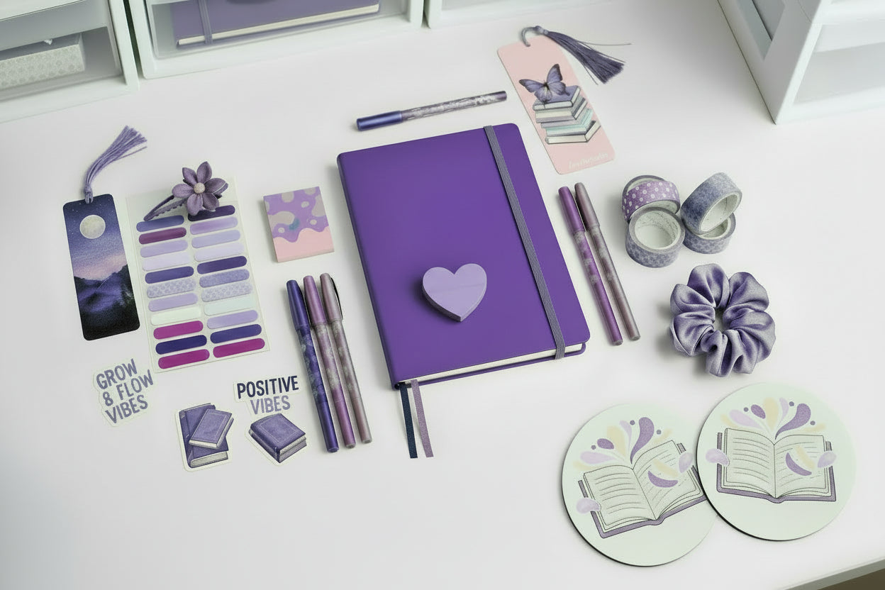 Journaling book bundle gift set for self-care or to gift. Include pens, stick notes, bookmarks, washi tape, journaling tabs, kiss cut stickers, floral pens, and book designed coasters.