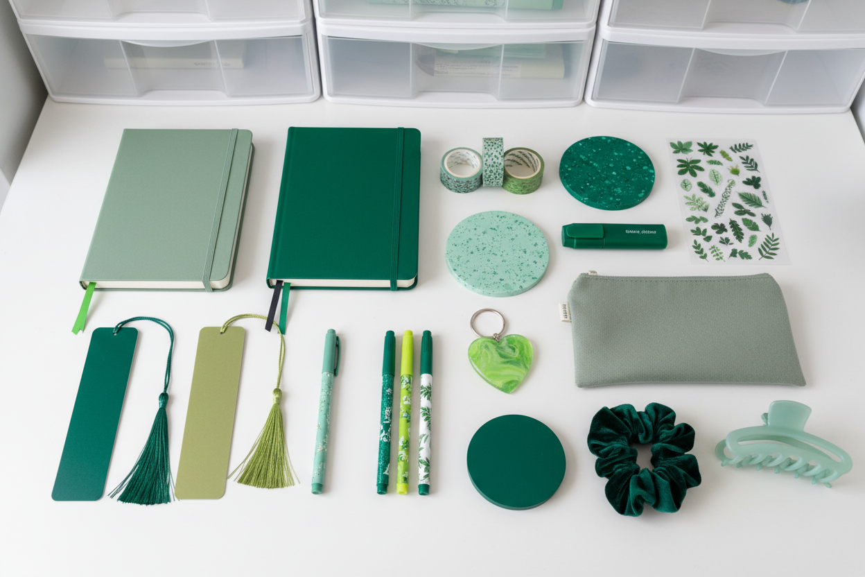A white desk. Clear bins with drawers in the back ground of the desk. Add 15 journaling and stationary items in various shades of green. Add an A5 -a4 with stretch band closures that match each notebook. Add washi tape, rectangular bookmarks with tassels, book coasters, a heart keychain, glitter and Floral ballpoint pens, rectangular green highlighter, stickers, pencil pouch, hair clip, scrunchie