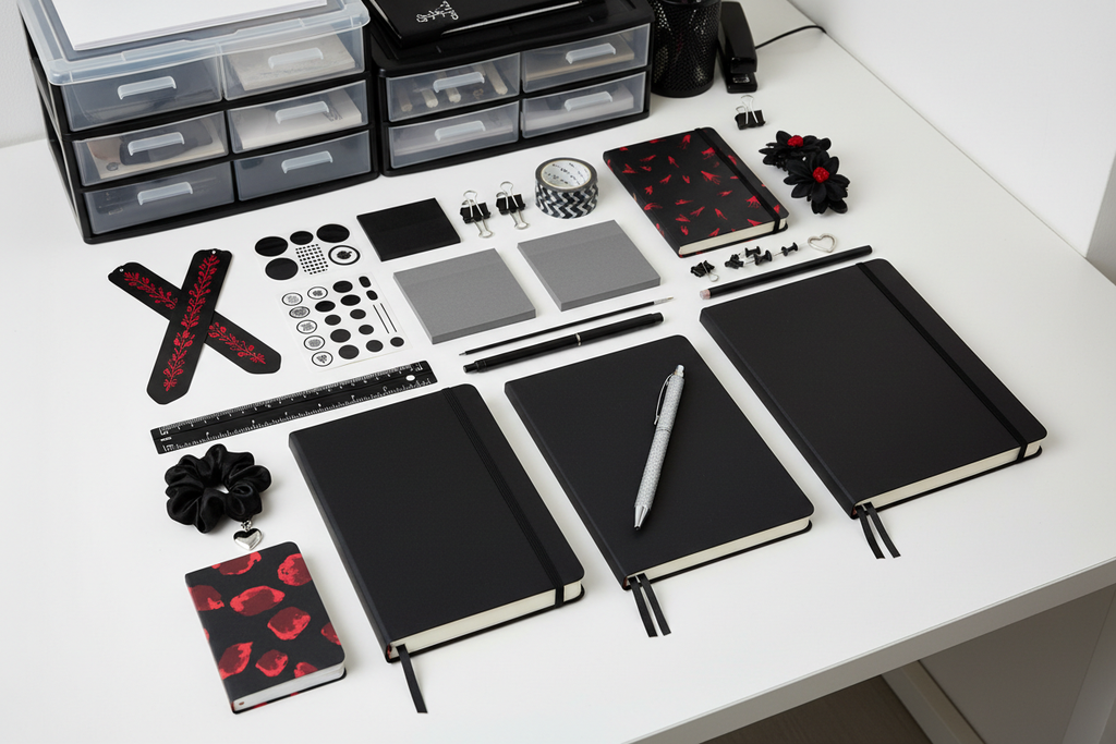 Remove the envelope. The a5 journal should be solid black with a stretch band closure. Change the sticky notes to solid gray. One is lined and one is not. The clear bins are on the back of the desk in the background.